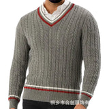 FOESCE New European and American Men's Autumn and Winter Color-blocked V-neck Long-sleeved Slim-fit Pullover Knitted Sweater. M-XXL