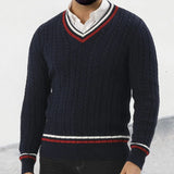FOESCE New European and American Men's Autumn and Winter Color-blocked V-neck Long-sleeved Slim-fit Pullover Knitted Sweater. M-XXL