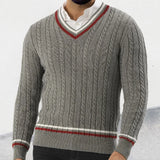 FOESCE New European and American Men's Autumn and Winter Color-blocked V-neck Long-sleeved Slim-fit Pullover Knitted Sweater. M-XXL
