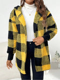 FOESCE New Fashionable Hooded Color-blocked Plaid Loose Ribbed Plush Elegant Jacket