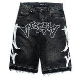 FOESCE New Harajuku Letter Embroidery Black Jeans for Men Hip Hop Vintage Baggy Shorts for Men Casual Gym Denim Shorts Streetwear