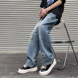 FOESCE New Men's Star Embroidered Ripped Baggy Jeans High Street Straight Denim Pants Autumn Hip Hop Fashion Y2K Vintage Jean Trousers