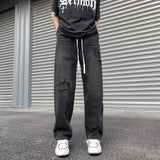 FOESCE New Men's Star Embroidered Ripped Baggy Jeans High Street Straight Denim Pants Autumn Hip Hop Fashion Y2K Vintage Jean Trousers