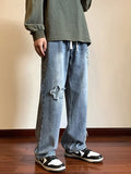FOESCE New Men's Star Embroidered Ripped Baggy Jeans High Street Straight Denim Pants Autumn Hip Hop Fashion Y2K Vintage Jean Trousers