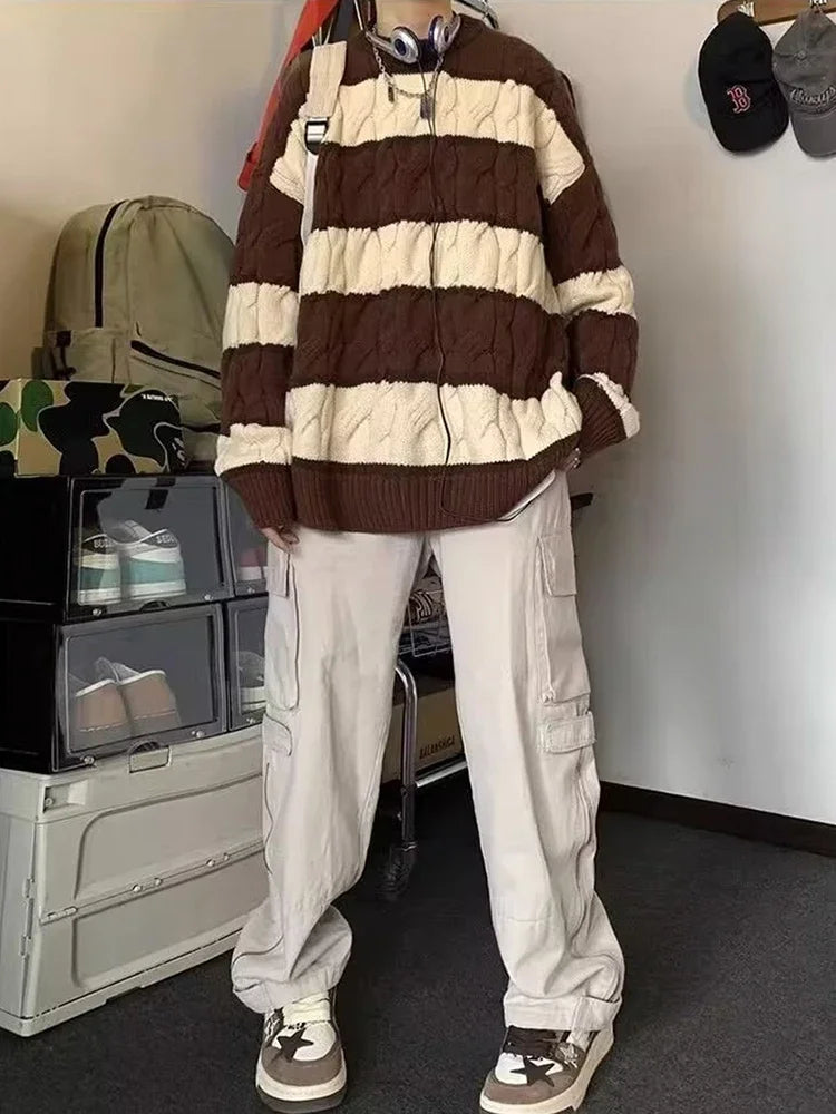 Foesce  New Patchwork Striped Crewneck Sweaters For Men Hip Hop Fashion Knitted Jersey Hombre Winter Y2K Vintage Pullovers Knitwear