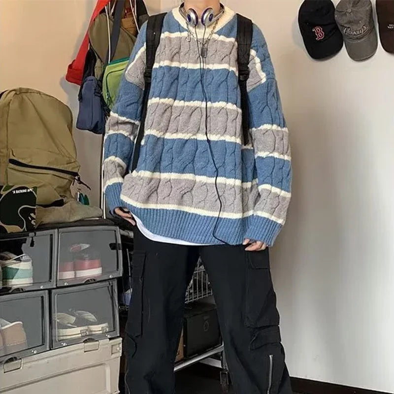 Foesce  New Patchwork Striped Crewneck Sweaters For Men Hip Hop Fashion Knitted Jersey Hombre Winter Y2K Vintage Pullovers Knitwear