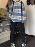 Foesce  New Patchwork Striped Crewneck Sweaters For Men Hip Hop Fashion Knitted Jersey Hombre Winter Y2K Vintage Pullovers Knitwear