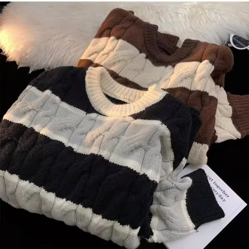 Foesce  New Patchwork Striped Crewneck Sweaters For Men Hip Hop Fashion Knitted Jersey Hombre Winter Y2K Vintage Pullovers Knitwear