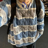 Foesce  New Patchwork Striped Crewneck Sweaters For Men Hip Hop Fashion Knitted Jersey Hombre Winter Y2K Vintage Pullovers Knitwear
