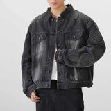 FOESCE New Y2k Jackets Hip Hop Gothic Patchwork Denim Jacket Men Washed Retro Ripped Loose Winter Jacket Men Solid Color Streetwear
