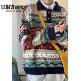 FOESCE New autumn and winter men's sweater polo collar retro lapel color collision pullover loose versatile couple casual knitwear