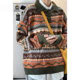 FOESCE New autumn and winter men's sweater polo collar retro lapel color collision pullover loose versatile couple casual knitwear