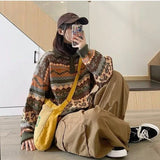 FOESCE New autumn and winter men's sweater polo collar retro lapel color collision pullover loose versatile couple casual knitwear