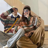 FOESCE New autumn and winter men's sweater polo collar retro lapel color collision pullover loose versatile couple casual knitwear