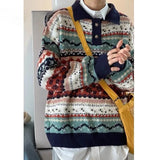 FOESCE New autumn and winter men's sweater polo collar retro lapel color collision pullover loose versatile couple casual knitwear