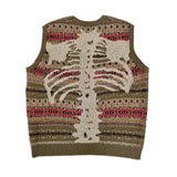 FOESCE Non Kapital Vintage Bone Skeleton Printe Ethnic Retro Flower Stripe Knitted Japan Style Pink Loose Sweater Vest Annual Jia Brand