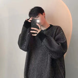 FOESCE O Neck Knitted Pullovers Striped Sweater Men Long Sleeve Jumpers Spliced Loose Fit High Street 2025 Winter Standard Wool
