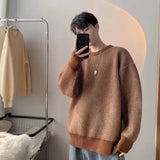 FOESCE O Neck Knitted Pullovers Striped Sweater Men Long Sleeve Jumpers Spliced Loose Fit High Street 2025 Winter Standard Wool