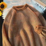 FOESCE O Neck Knitted Pullovers Striped Sweater Men Long Sleeve Jumpers Spliced Loose Fit High Street 2025 Winter Standard Wool