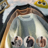 FOESCE O Neck Knitted Pullovers Striped Sweater Men Long Sleeve Jumpers Spliced Loose Fit High Street 2025 Winter Standard Wool