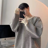 FOESCE O Neck Knitted Pullovers Striped Sweater Men Long Sleeve Jumpers Spliced Loose Fit High Street 2025 Winter Standard Wool