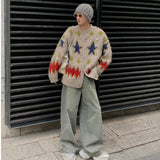 Foesce Christmas Atmosphere Sweater Jacket Men's Autumn Winter Loose Retro Lazy Style Star Diamond Grid Knitted Cardigan Clothing