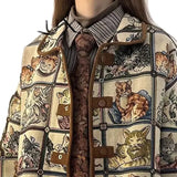 FOESCE Original Niche American Retro Cat Jacquard Jacket Jacket for Women's 2025 Autumn/Winter New Loose and Lazy Style Top Printed For