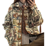 FOESCE Original Niche American Retro Cat Jacquard Jacket Jacket for Women's 2025 Autumn/Winter New Loose and Lazy Style Top Printed For