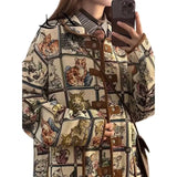 FOESCE Original Niche American Retro Cat Jacquard Jacket Jacket for Women's 2025 Autumn/Winter New Loose and Lazy Style Top Printed For