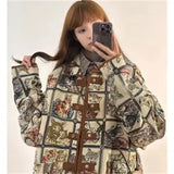 FOESCE Original Niche American Retro Cat Jacquard Jacket Jacket for Women's 2025 Autumn/Winter New Loose and Lazy Style Top Printed For