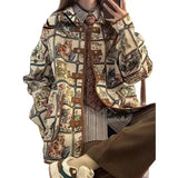 FOESCE Original Niche American Retro Cat Jacquard Jacket Jacket for Women's 2025 Autumn/Winter New Loose and Lazy Style Top Printed For