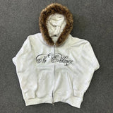 FOESCE Oversized Casual Zipper Hooded Sweatshirt Harajuku Letter Print Rock Goth Hip Hop Streetwear Y2K Clothes Women Men Zip up Hoodie