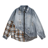 FOESCE Oversized Hip Hop Ripped Casual Denim Jackets Hi Street Vintage Blue Jeans Coats For Male Patchwork
