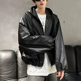 FOESCE Oversized Vintage Loose Pu Leather Puff Sleeves Short Jacket Men Women Streetwear Male Zipper Retro Moto Biker Coat Outwear