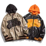 FOESCE PU Leather Bomber Jacket Men Y2K Hip-Hop Streetwear 2024 Loose Oversized Hooded Coats Harajuku Outerwear Women Varsity Jacket