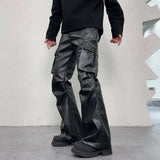 FOESCE PU Leather Pants Men's Streetwear Fashion Hip Hop Vibe Casual Faux Leather Cargo Flared Pant Men Motorcycle Trousers