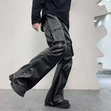 FOESCE PU Leather Pants Men's Streetwear Fashion Hip Hop Vibe Casual Faux Leather Cargo Flared Pant Men Motorcycle Trousers
