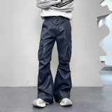 FOESCE PU Leather Pants Men's Streetwear Fashion Hip Hop Vibe Casual Faux Leather Cargo Flared Pant Men Motorcycle Trousers