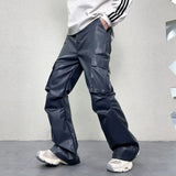 FOESCE PU Leather Pants Men's Streetwear Fashion Hip Hop Vibe Casual Faux Leather Cargo Flared Pant Men Motorcycle Trousers