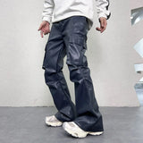 FOESCE PU Leather Pants Men's Streetwear Fashion Hip Hop Vibe Casual Faux Leather Cargo Flared Pant Men Motorcycle Trousers