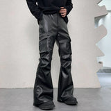 FOESCE PU Leather Pants Men's Streetwear Fashion Hip Hop Vibe Casual Faux Leather Cargo Flared Pant Men Motorcycle Trousers