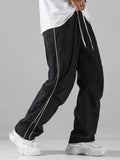 FOESCE Pafuloo Men Contrast Trim Trouser Fashion Casual Pants Solid Color Breathable Loose Straight Drawstring Pants Streetwear