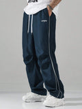 FOESCE Pafuloo Men Contrast Trim Trouser Fashion Casual Pants Solid Color Breathable Loose Straight Drawstring Pants Streetwear