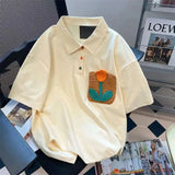FOESCE Personalized tulip graphic embroidery polo short sleeved t-shirt for men and women summer loose retro loose casual y2k harajuku