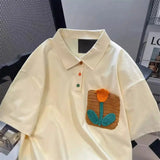 FOESCE Personalized tulip graphic embroidery polo short sleeved t-shirt for men and women summer loose retro loose casual y2k harajuku