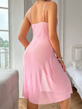 FOESCE Pink Flower Printed Women Open Back Split Nightdress Homewear Lace Sexy V-Neck Perspective Summer Thin Breathable Slip Sleepwear