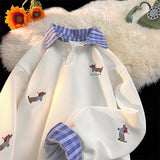 FOESCE Plaid Patchwork Fake Two Sweatshirt College Style Puppy Embroidery POLO Collar Sweatshirt Men Women Loose Pullover Tops