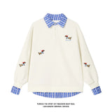 FOESCE Plaid Patchwork Fake Two Sweatshirt College Style Puppy Embroidery POLO Collar Sweatshirt Men Women Loose Pullover Tops