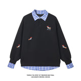 FOESCE Plaid Patchwork Fake Two Sweatshirt College Style Puppy Embroidery POLO Collar Sweatshirt Men Women Loose Pullover Tops