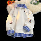 FOESCE Plaid Patchwork Fake Two Sweatshirt College Style Puppy Embroidery POLO Collar Sweatshirt Men Women Loose Pullover Tops